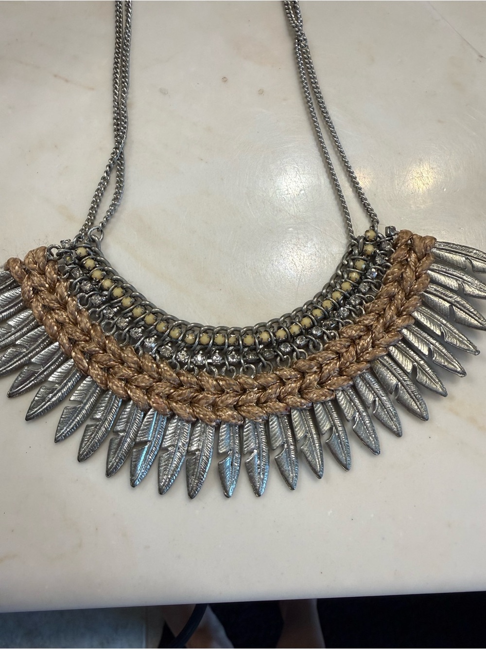 Boho Statement Bib Necklace in Silver and Tan
